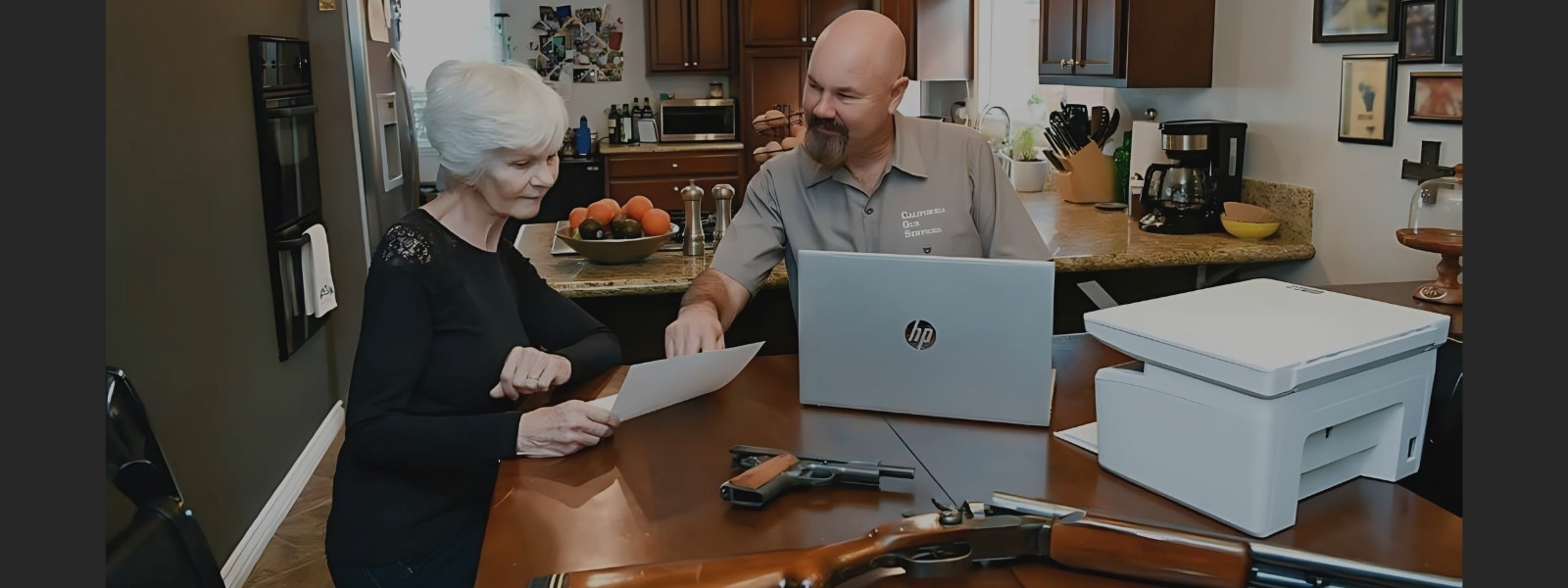 NorCal Gun Services Firearms specialit specialist reviewing paperwork with a senior woman during an in-home firearm pickup and disposal.