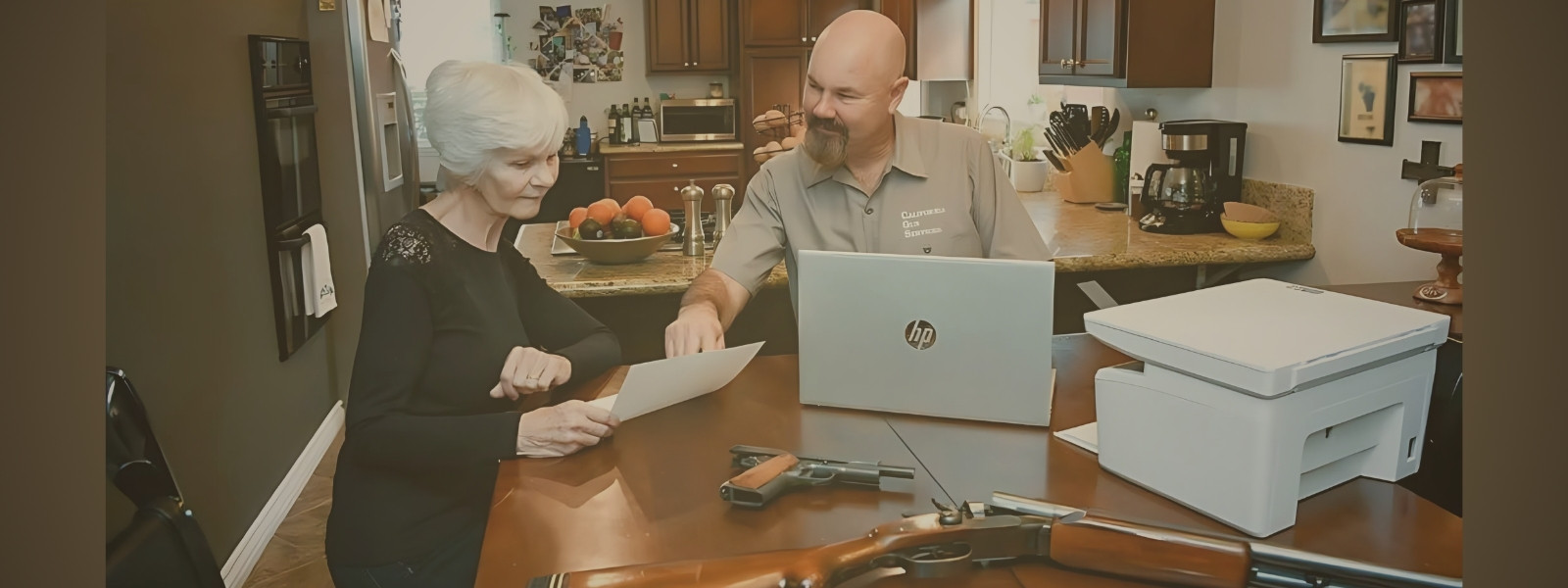 NorCal Gun Services Firearms specialit specialist reviewing paperwork with a senior woman during an in-home firearm pickup and disposal.